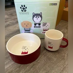 Brand new pet bowl with matching coffee mug. Gray kitty cat. Ceramic.